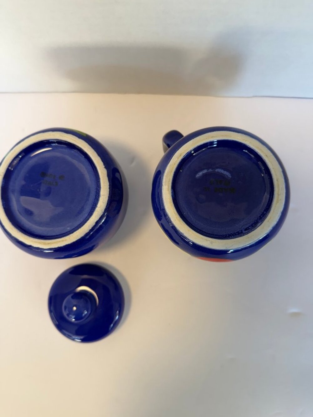 Italian Majolica Cobalt Blue Hand Painted Fruit Sugar Bowl Lid Creamer Set